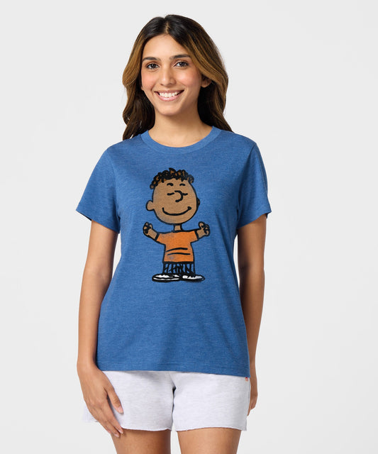 Royal blue women's t-shirt featuring a graphic of Franklin from Peanuts centered on the front-2