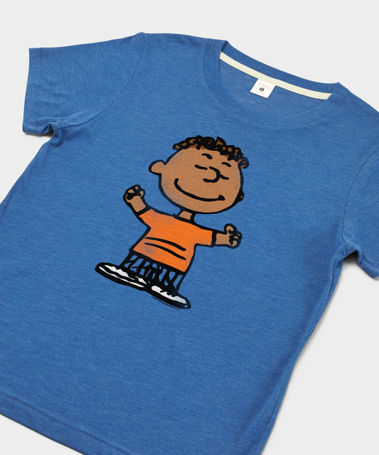 Royal blue women's t-shirt featuring a graphic of Franklin from Peanuts centered on the front-1