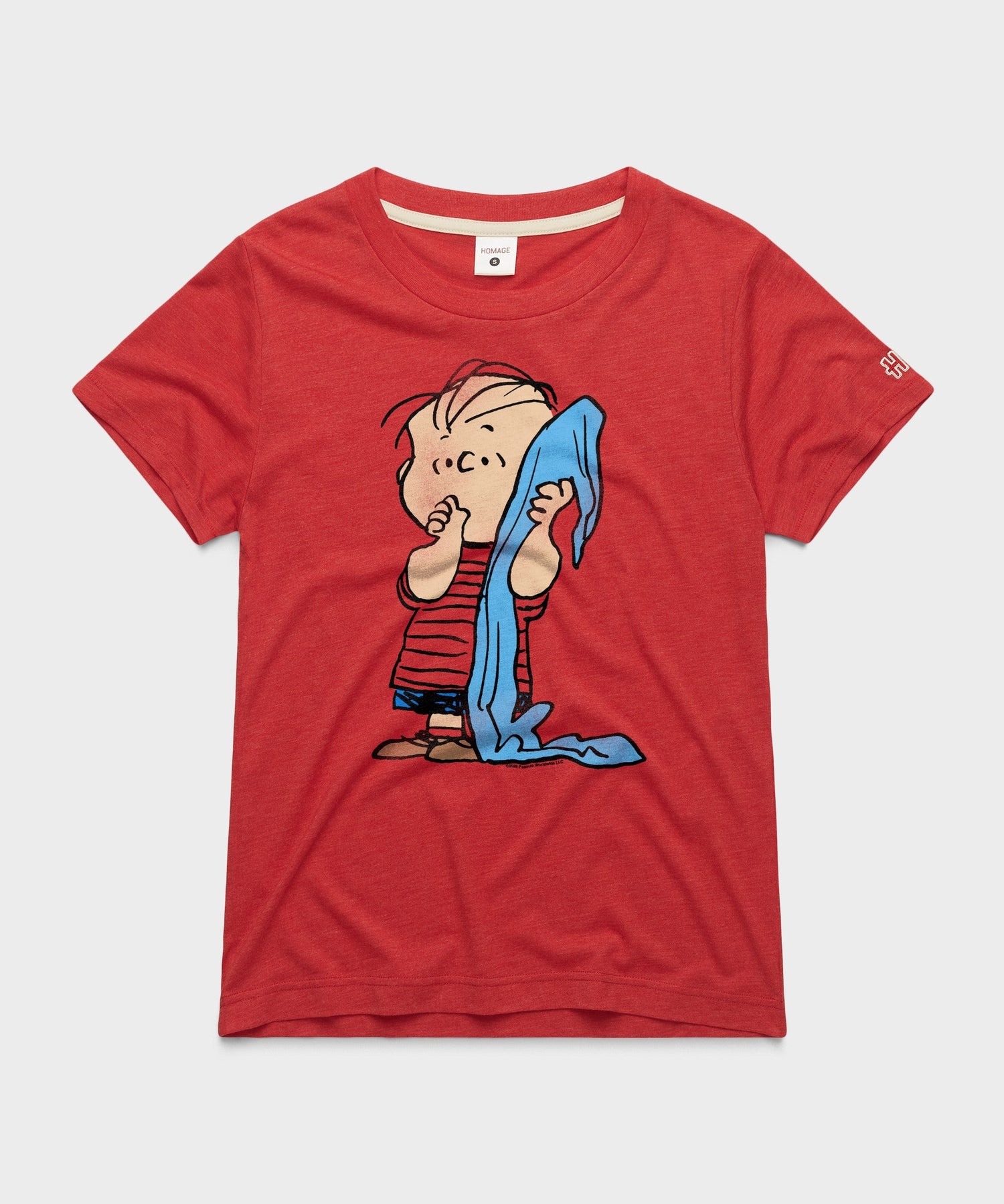 HOMAGE x Peanuts women's red t-shirt featuring Linus van Pelt holding his blue security blanket centered on the front