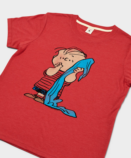 HOMAGE x Peanuts women's red t-shirt featuring Linus van Pelt holding his blue security blanket centered on the front-1