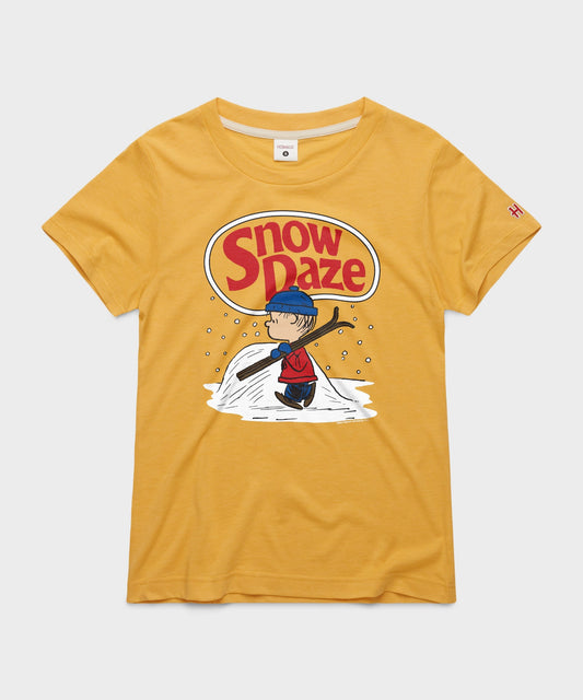 Gold crewneck sweatshirt featuring Linus holding his blue blanket amidst falling snowflakes on the front chest-0