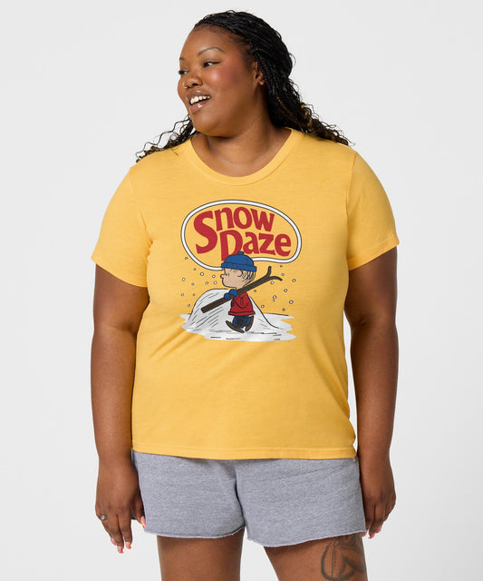Gold crewneck sweatshirt featuring Linus holding his blue blanket amidst falling snowflakes on the front chest-2