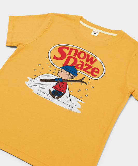Gold crewneck sweatshirt featuring Linus holding his blue blanket amidst falling snowflakes on the front chest-1