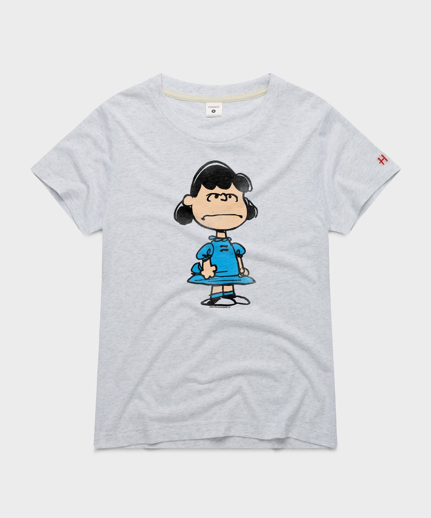 Ash women's t-shirt featuring a graphic of Lucy van Pelt on the front chest