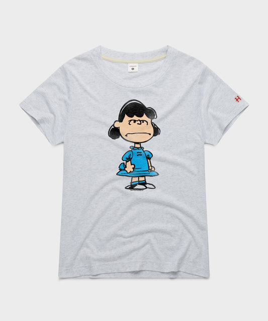 Ash grey women's t-shirt featuring a graphic of Lucy van Pelt on the front-0
