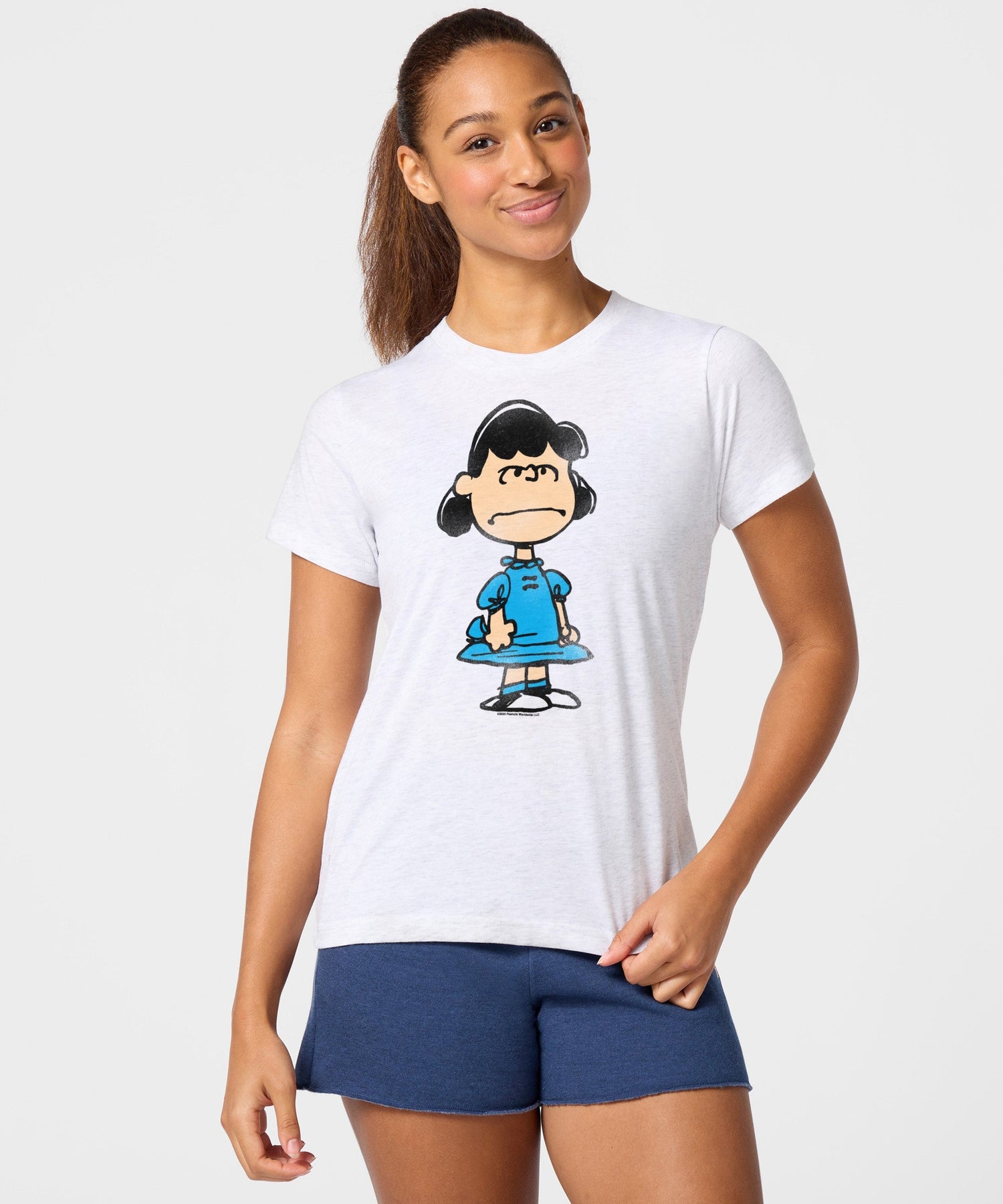 Collar and shoulder detail of the HOMAGE Peanuts women's t-shirt in ash gray