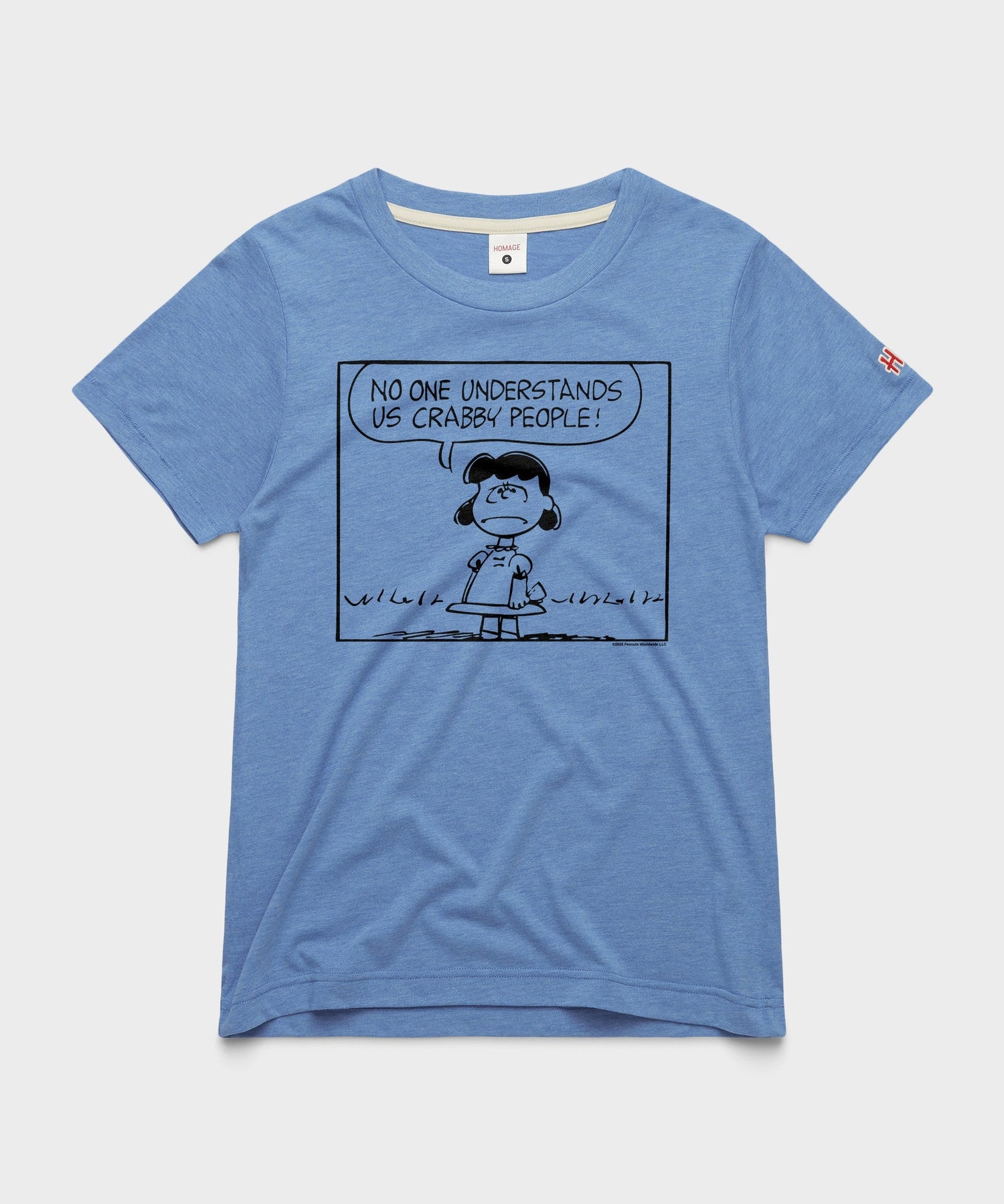 Light blue women's t-shirt featuring Lucy van Pelt with a grumpy expression on the front chest
