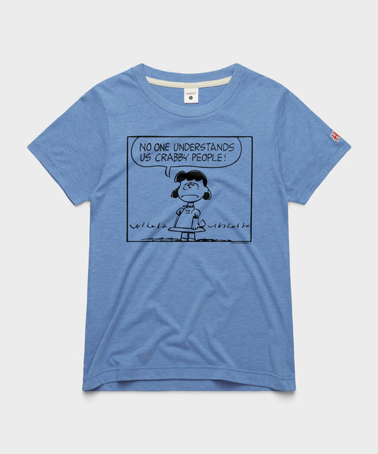Light blue women's t-shirt featuring Lucy van Pelt with a grumpy expression on the front chest-0