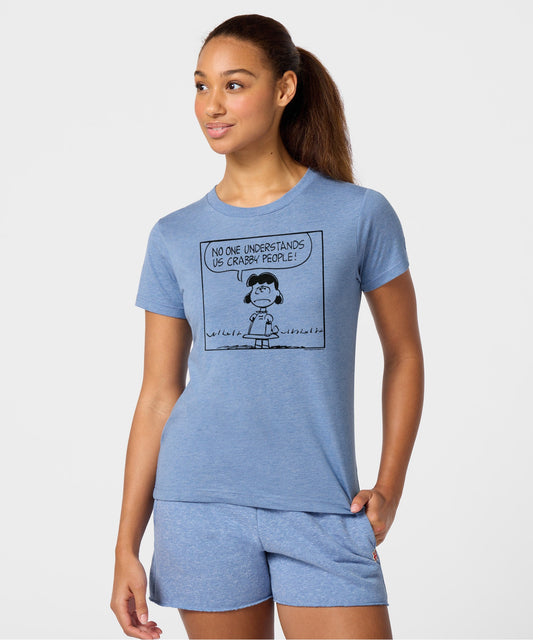 Light blue women's t-shirt featuring Lucy van Pelt with a grumpy expression on the front chest-2