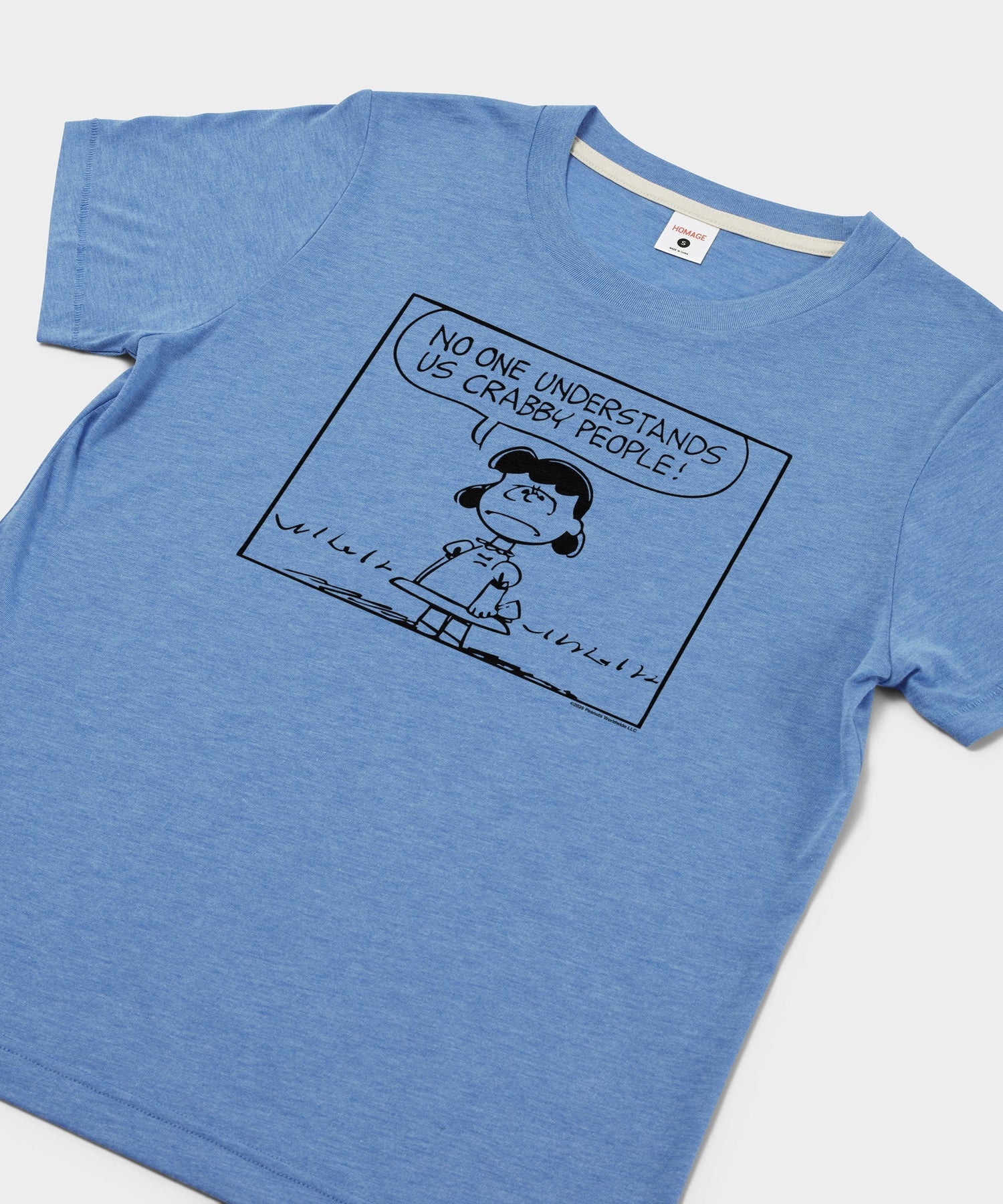 Close-up of the graphic illustration of Lucy van Pelt with vintage comic strip styling