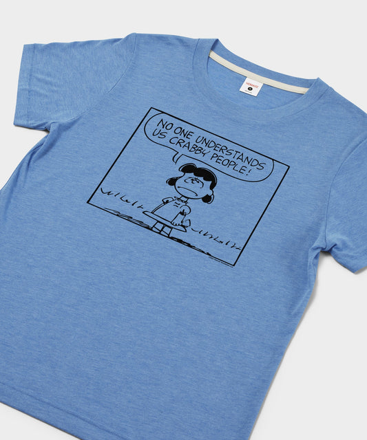 Light blue women's t-shirt featuring Lucy van Pelt with a grumpy expression on the front chest-1