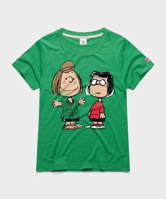 Green HOMAGE t-shirt featuring Peppermint Patty and Marcie graphic centered on the front chest-0