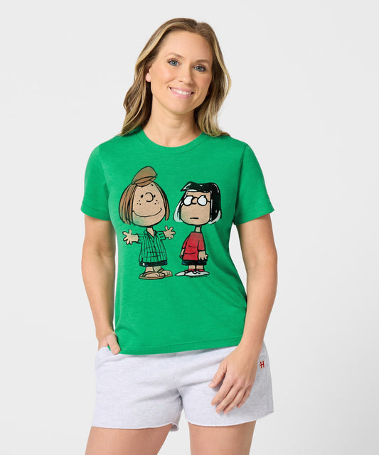 Green HOMAGE t-shirt featuring Peppermint Patty and Marcie graphic centered on the front chest-2
