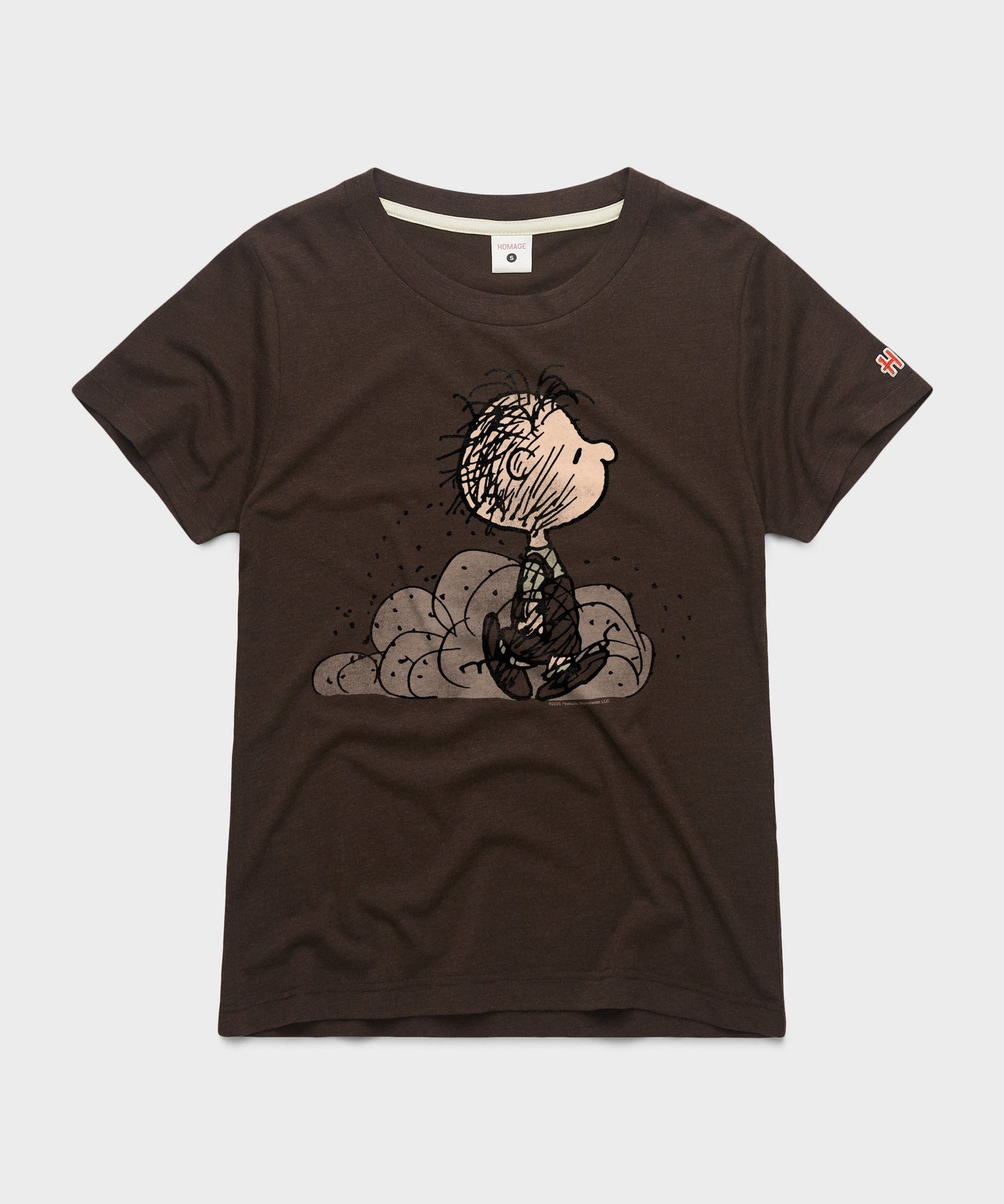 Front view of the brown women's t-shirt featuring Pig-Pen in a graphic print across the center chest