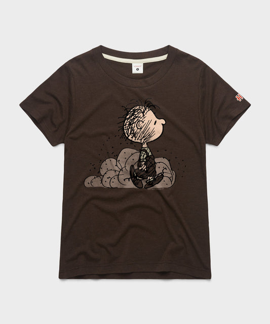Front view of the brown women's t-shirt featuring Pig-Pen in a graphic print across the center chest-0