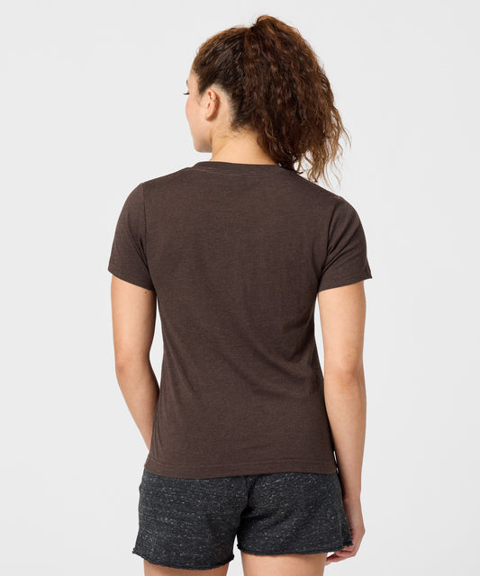 Front view of the brown women's t-shirt featuring Pig-Pen in a graphic print across the center chest-3