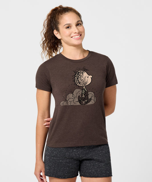 Front view of the brown women's t-shirt featuring Pig-Pen in a graphic print across the center chest-2