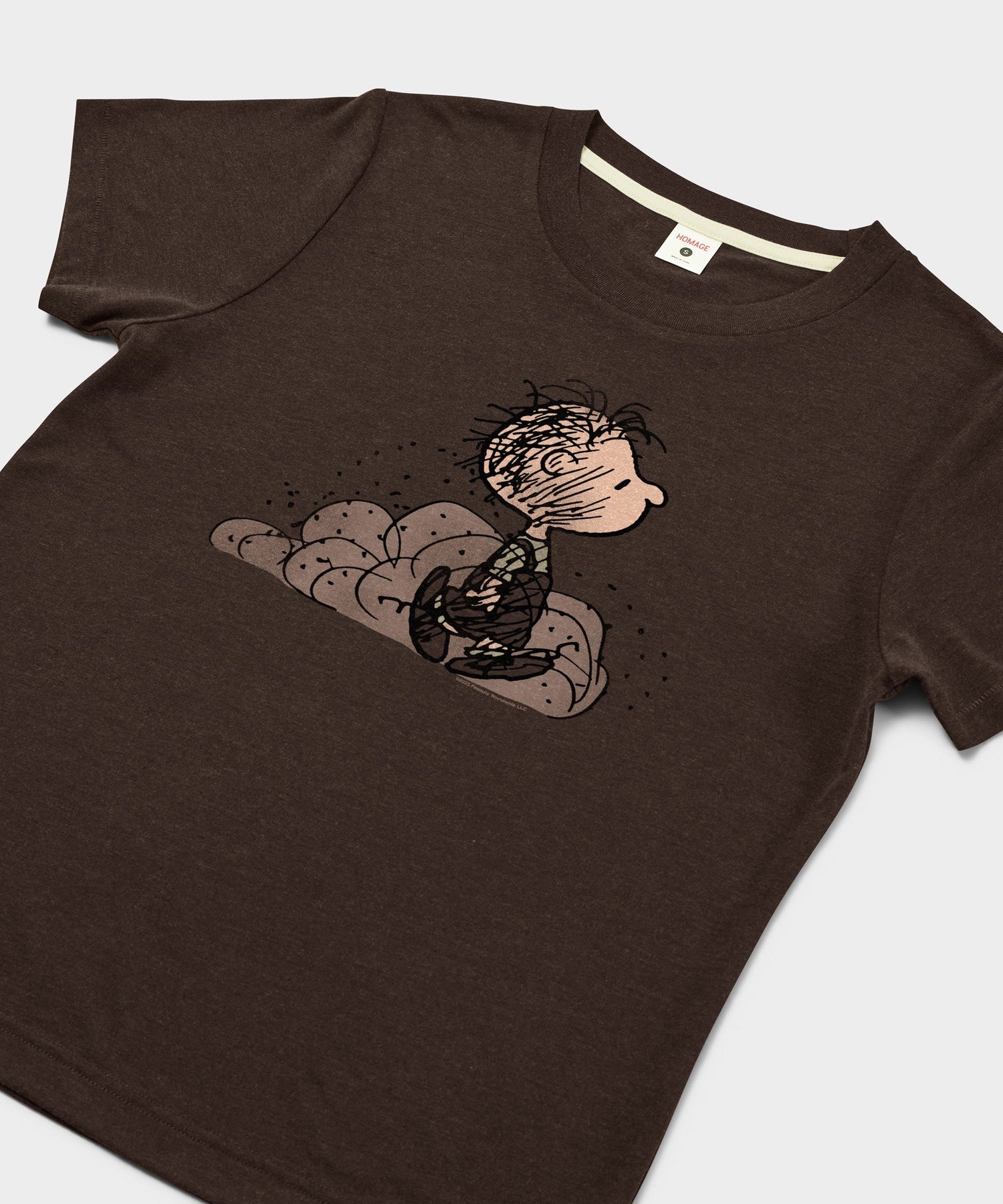 Close-up detail of the Pig-Pen character graphic on the chest of the t-shirt