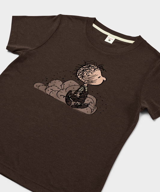 Front view of the brown women's t-shirt featuring Pig-Pen in a graphic print across the center chest-1