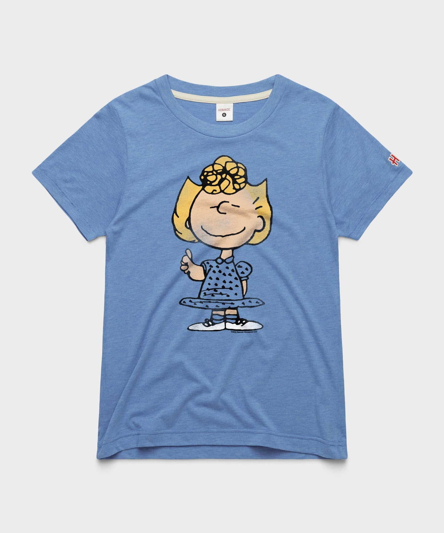 Light blue women's t-shirt featuring a graphic of Sally Brown on the front chest