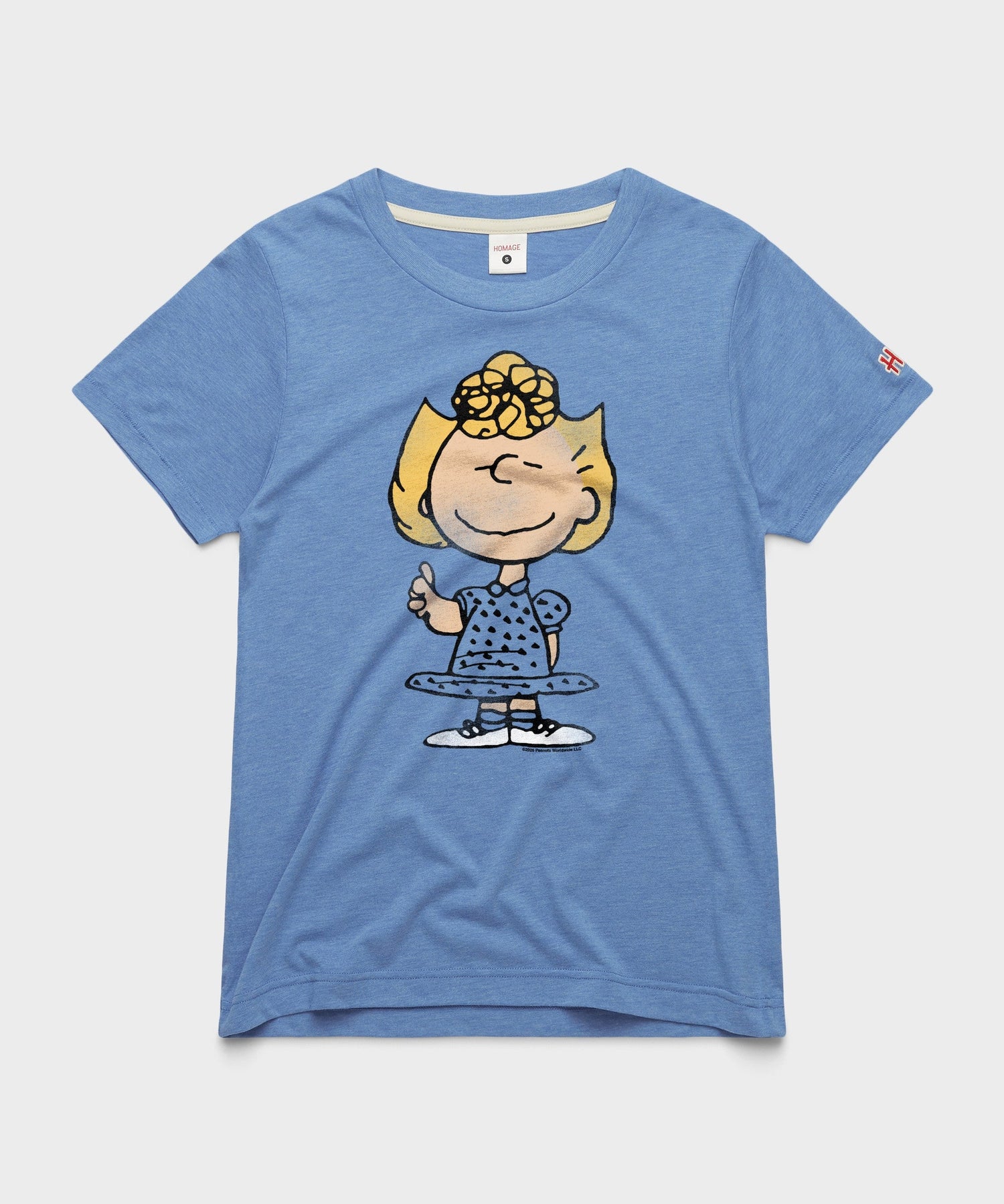 Light blue women's t-shirt featuring a graphic of Sally Brown on the front chest
