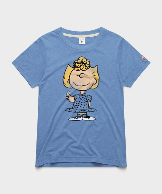 Light blue women's t-shirt featuring a graphic of Sally Brown on the front chest-0