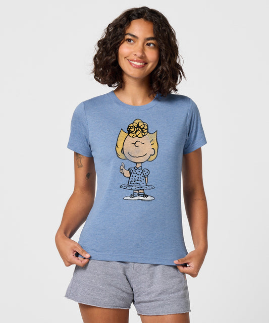 Light blue women's t-shirt featuring a graphic of Sally Brown on the front chest-2