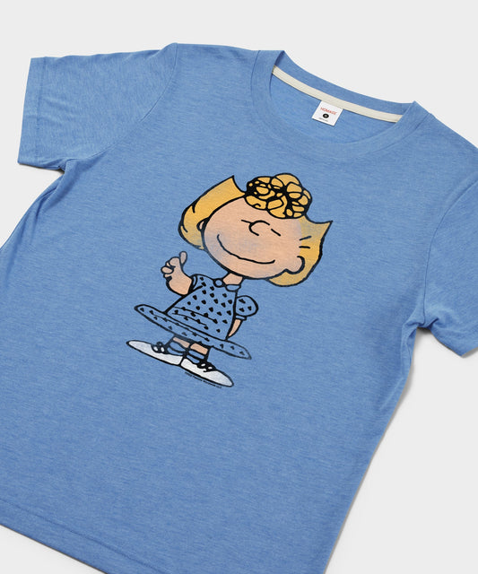 Light blue women's t-shirt featuring a graphic of Sally Brown on the front chest-1