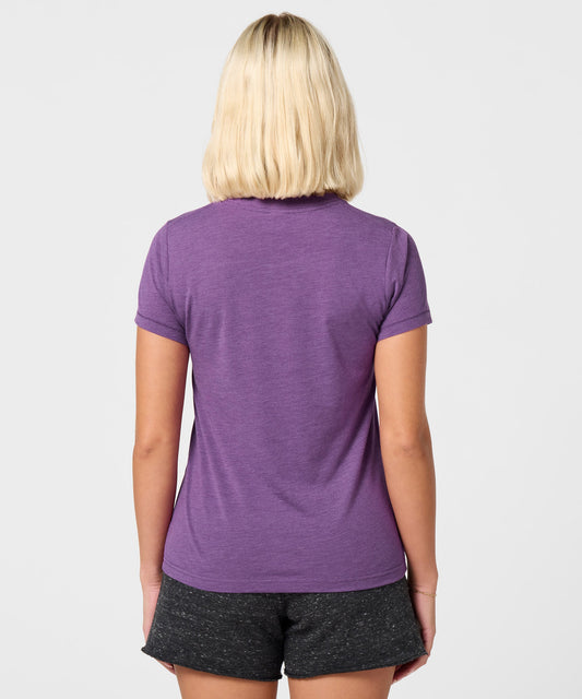 Royal purple women's t-shirt featuring Schroeder playing his toy piano on the front chest-3