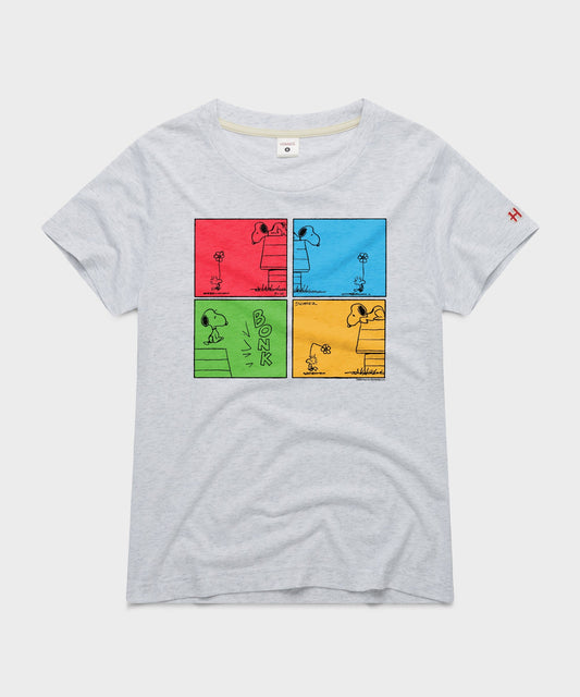 Ash grey women's t-shirt featuring a multi-panel graphic of Snoopy and Woodstock on the front chest-0
