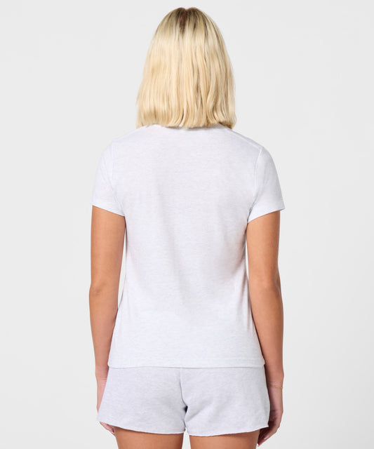 Ash grey women's t-shirt featuring a multi-panel graphic of Snoopy and Woodstock on the front chest-3