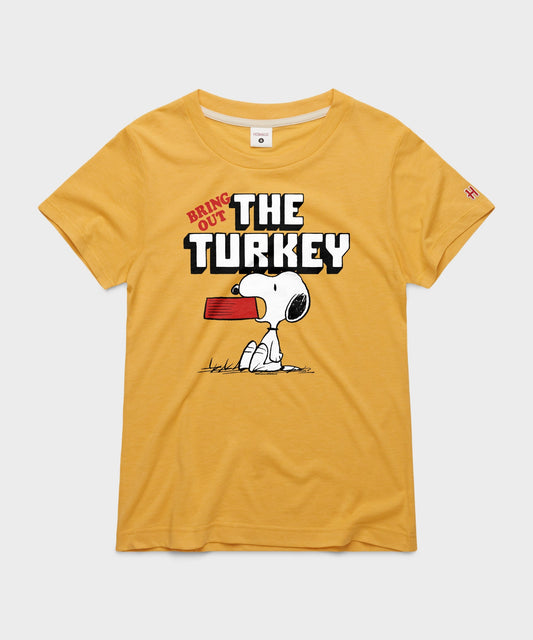 Gold women's t-shirt featuring Charlie Brown graphic on the front center-0
