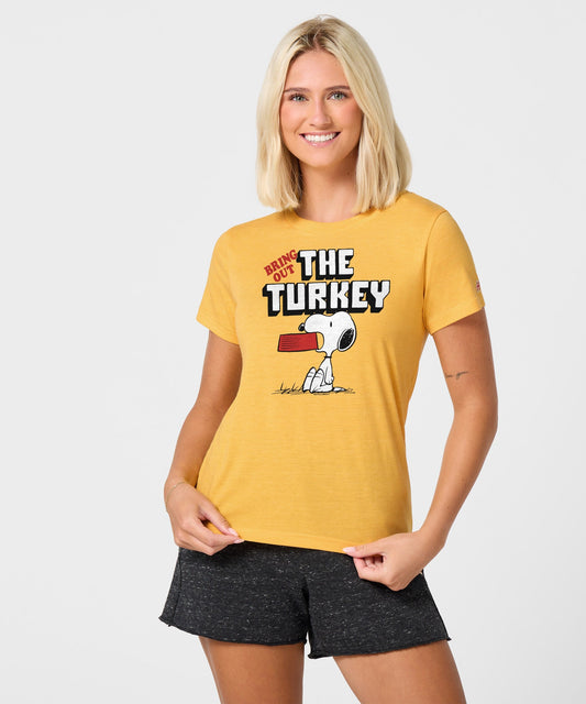 Gold women's t-shirt featuring Charlie Brown graphic on the front center-2