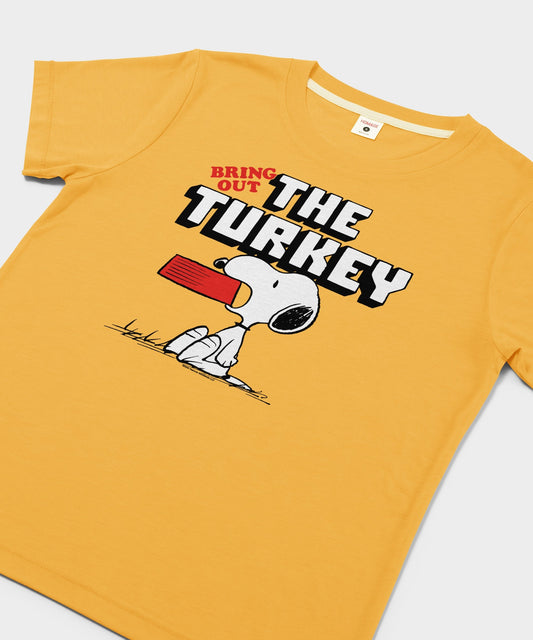 Gold women's t-shirt featuring Charlie Brown graphic on the front center-1