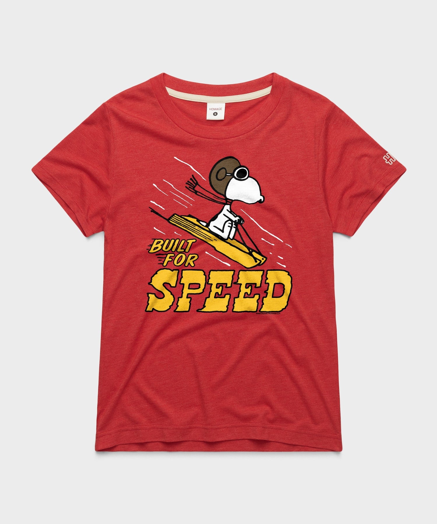 Red crewneck sweatshirt featuring Snoopy sledding with the caption Built For Speed on the front chest