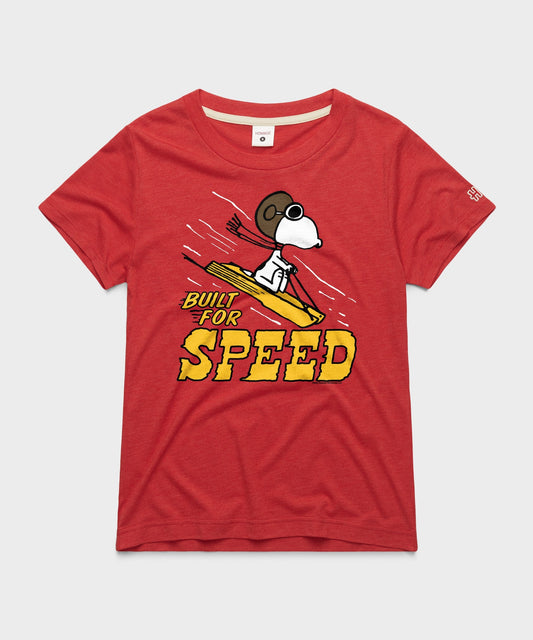 Red crewneck sweatshirt featuring Snoopy sledding with the caption Built For Speed on the front chest-0
