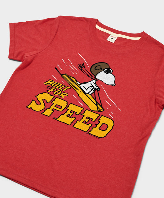 Red crewneck sweatshirt featuring Snoopy sledding with the caption Built For Speed on the front chest-1