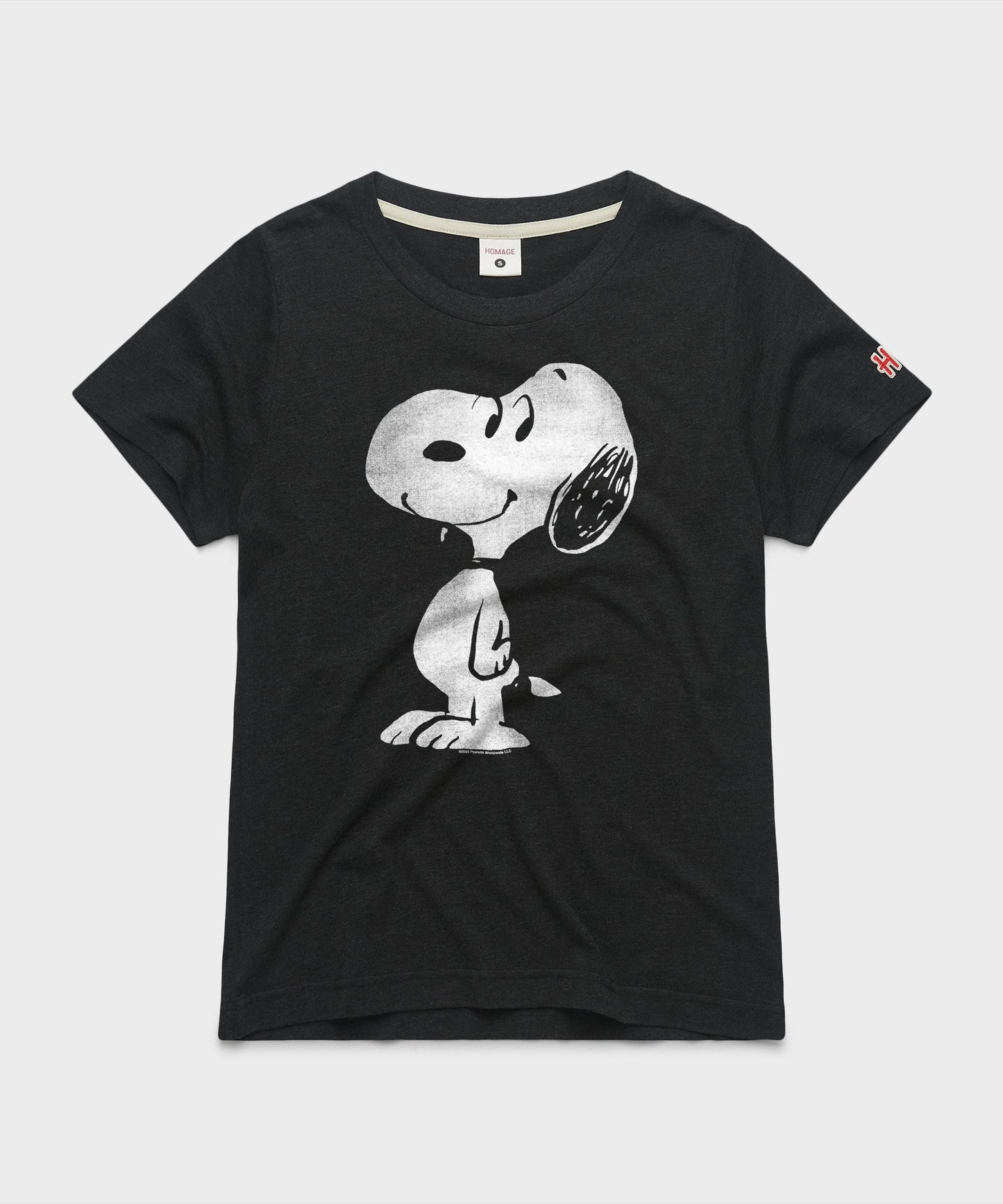 Charcoal women's t-shirt featuring a graphic of Snoopy on the front chest