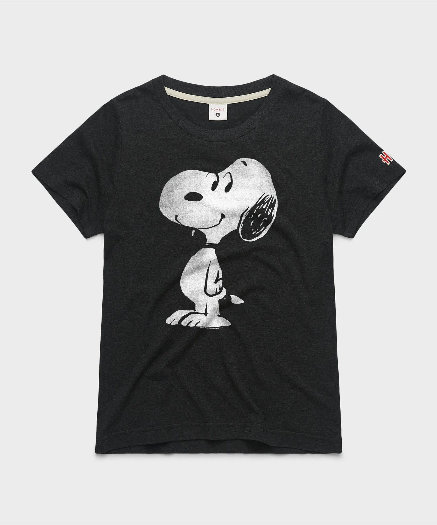 Charcoal women's t-shirt featuring a graphic of Snoopy on the front chest