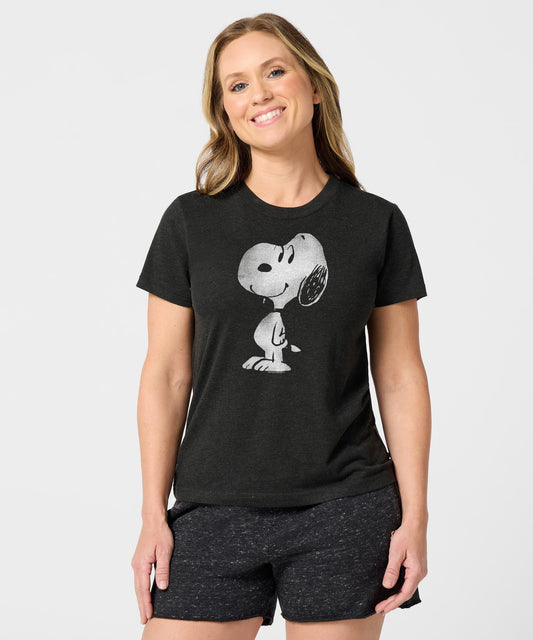 Charcoal women's t-shirt featuring a dynamic graphic of Snoopy on the front chest-2
