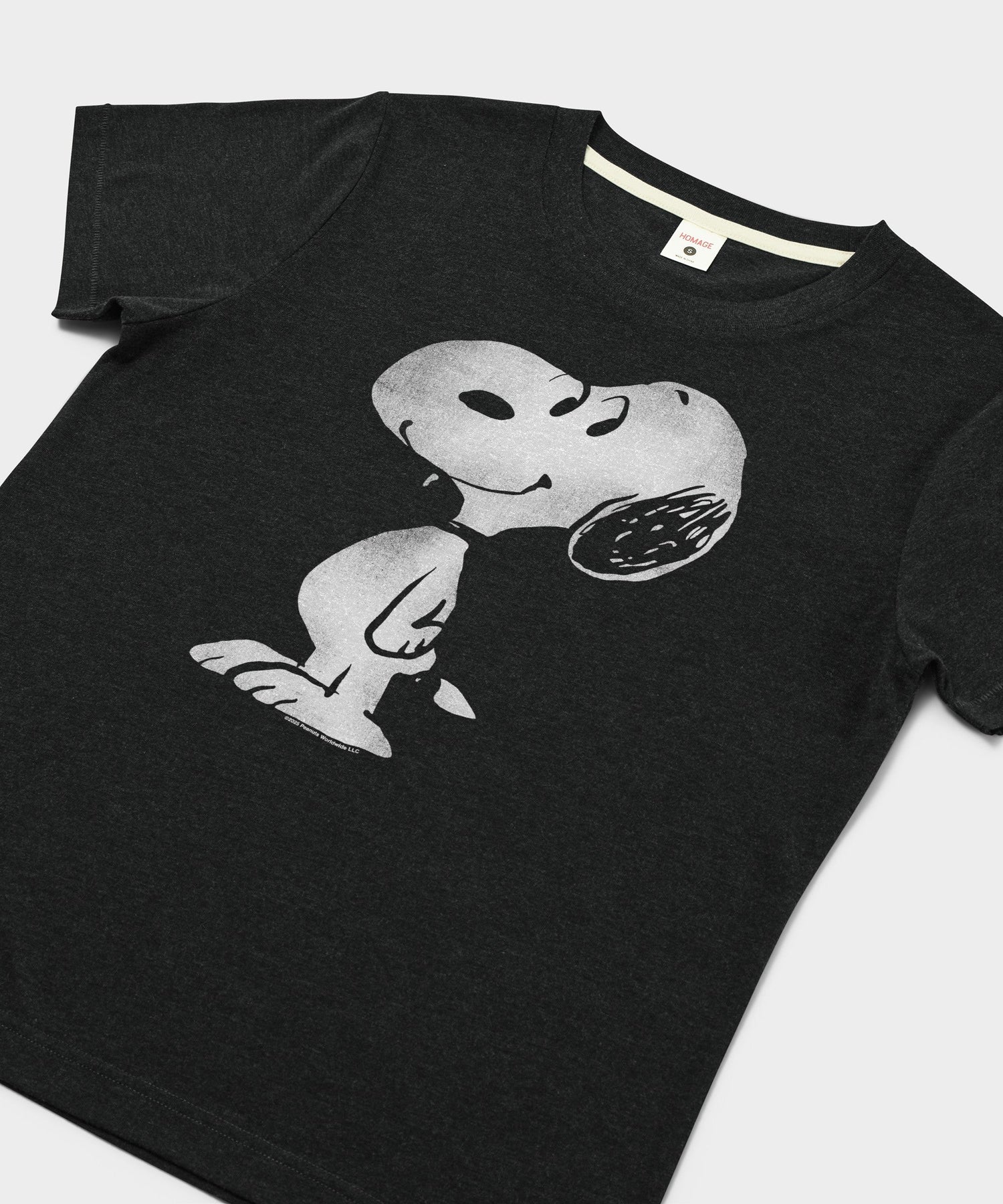 Close-up of the Snoopy graphic printed on the front of the charcoal t-shirt