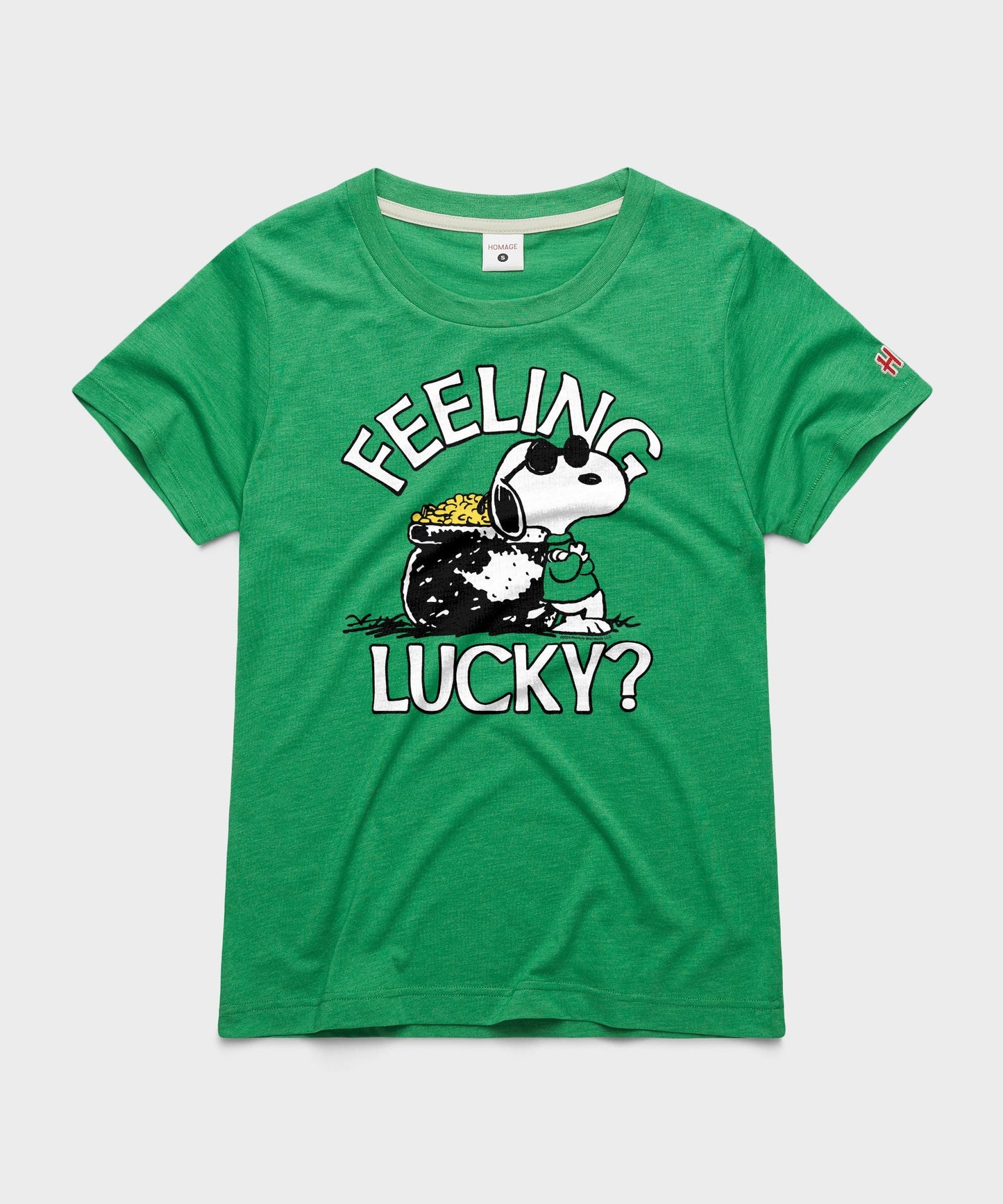 Green women's t-shirt featuring Snoopy ready for good fortune printed on the front chest