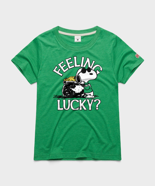 Green women's t-shirt featuring Snoopy ready for good fortune printed on the front chest-0
