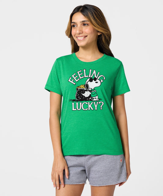 Green women's t-shirt featuring Snoopy ready for good fortune printed on the front chest-2