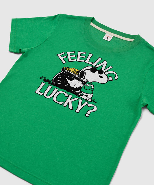 Green women's t-shirt featuring Snoopy ready for good fortune printed on the front chest-1
