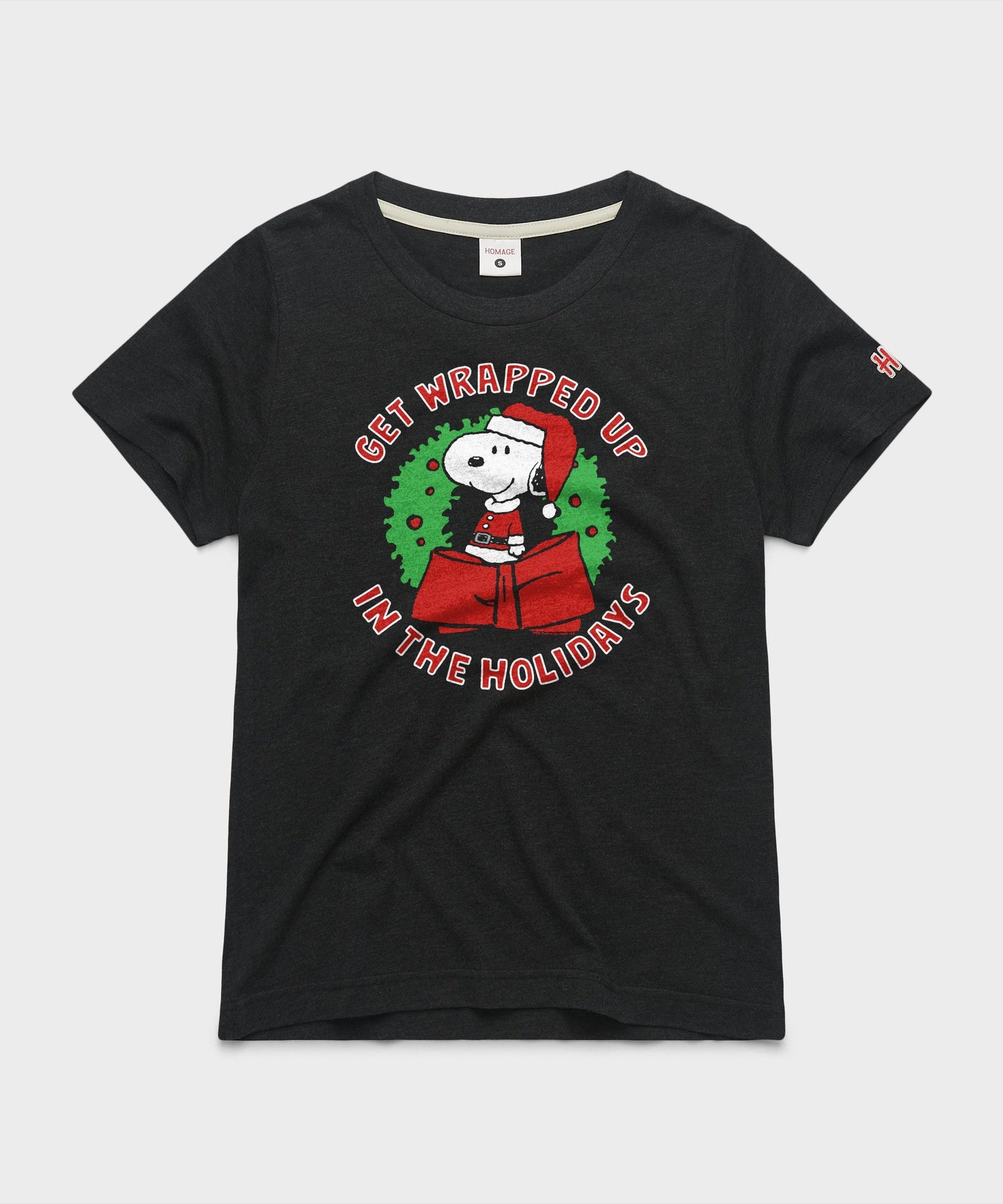 Charcoal women's t-shirt featuring Snoopy wrapped up in holiday lights on the front chest