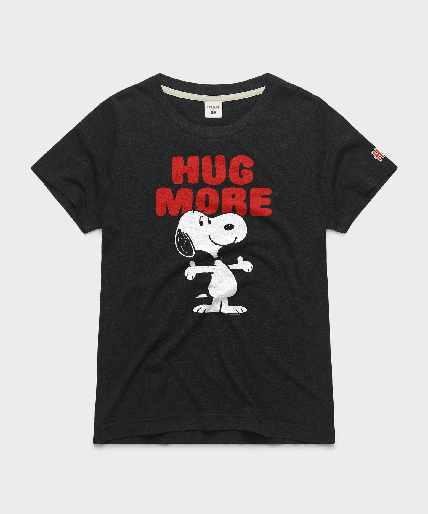 Charcoal women's t-shirt featuring Snoopy hugging Woodstock on the front chest