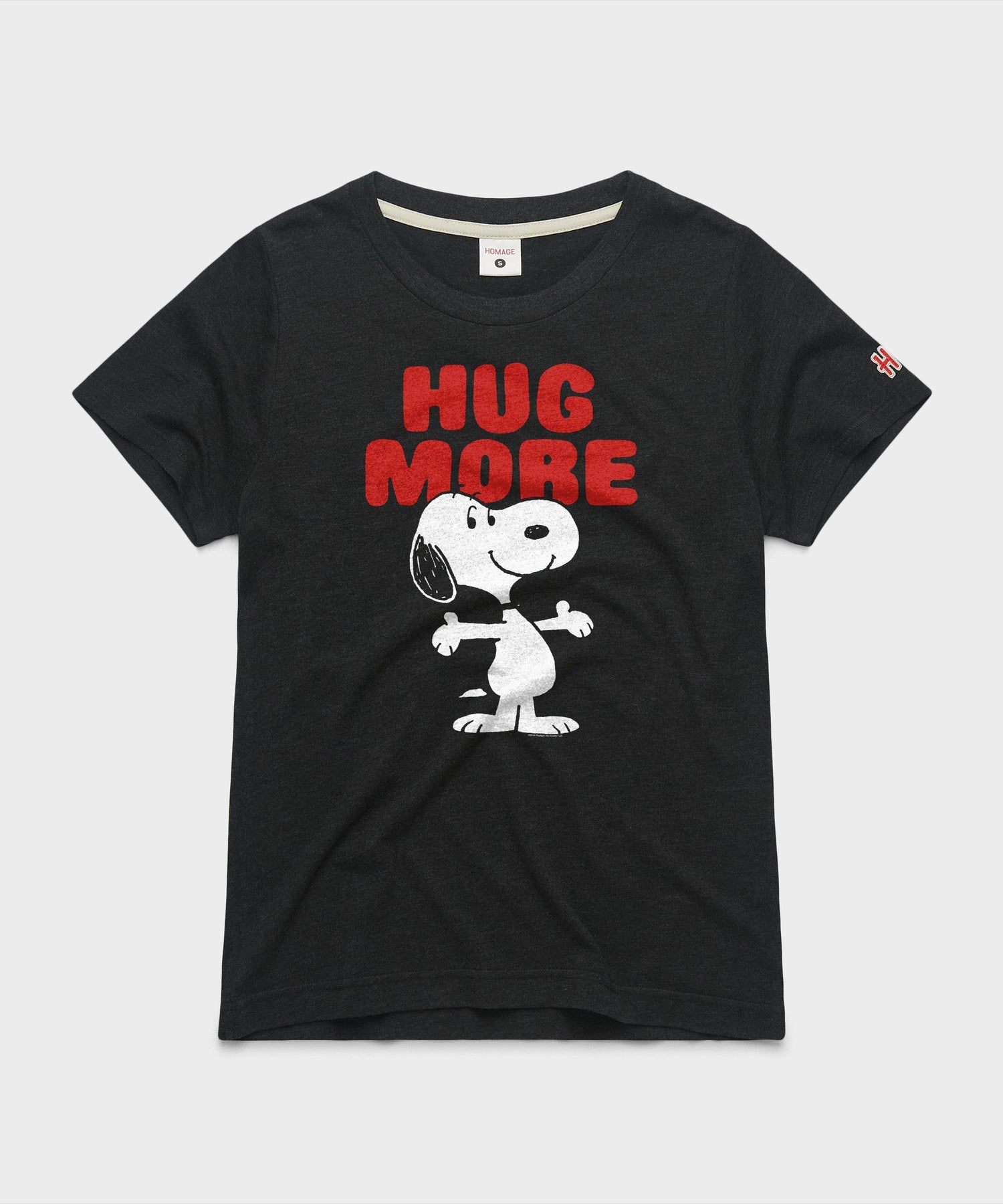 Charcoal women's t-shirt featuring Snoopy hugging Woodstock on the front chest