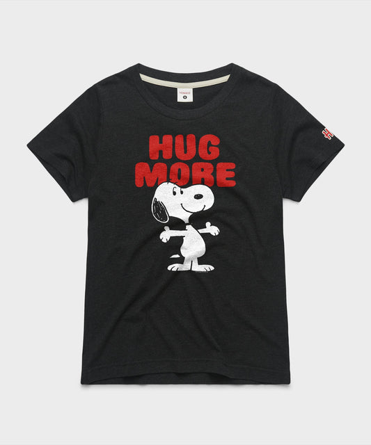 Charcoal women's t-shirt featuring Snoopy hugging Woodstock on the front chest-0