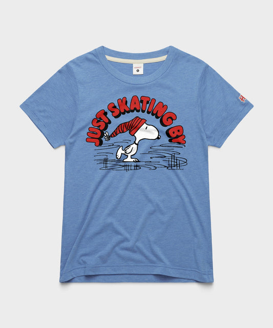Light blue women's t-shirt featuring Snoopy ice skating on the front chest-0